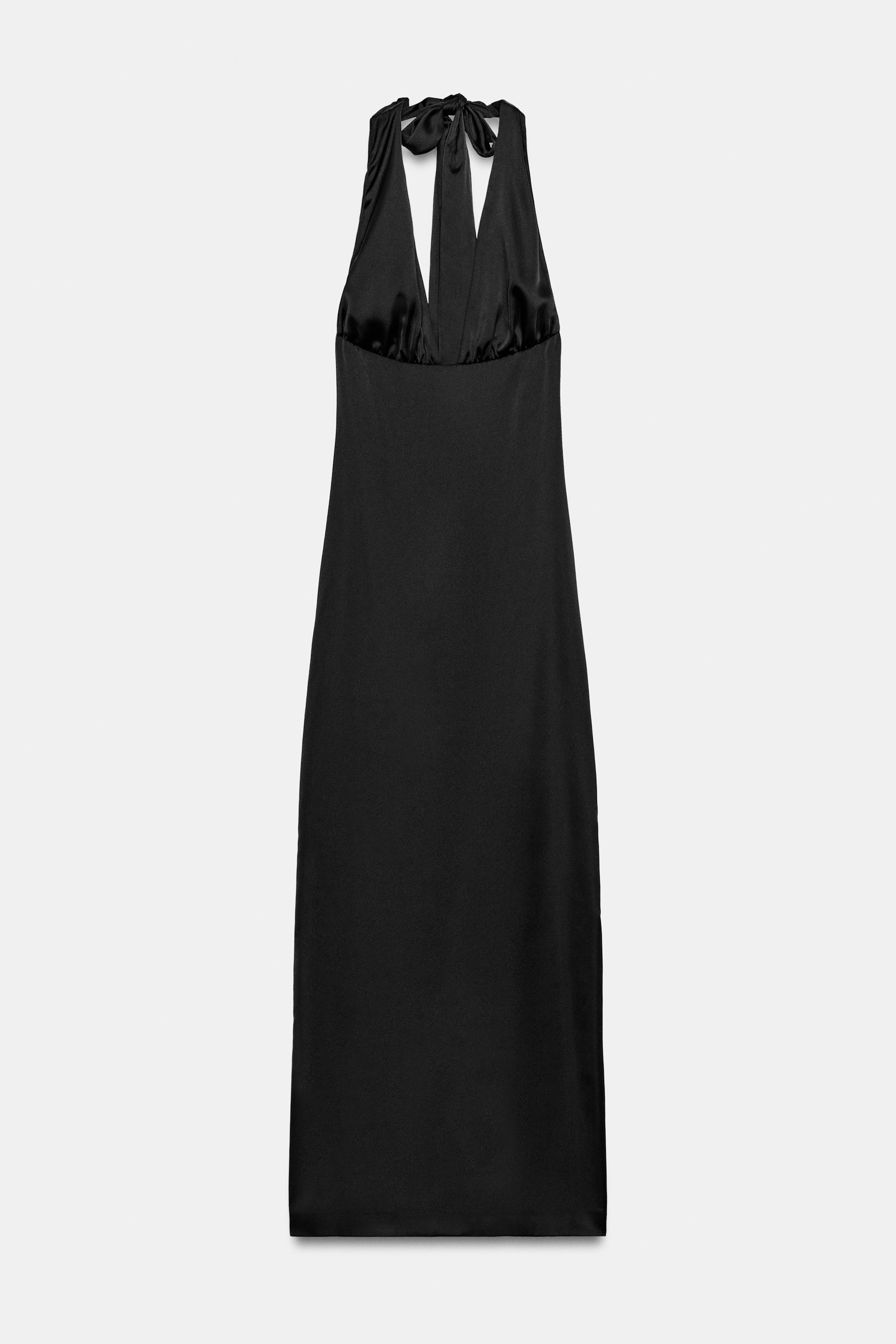SATIN EFFECT LONG HALTER DRESS